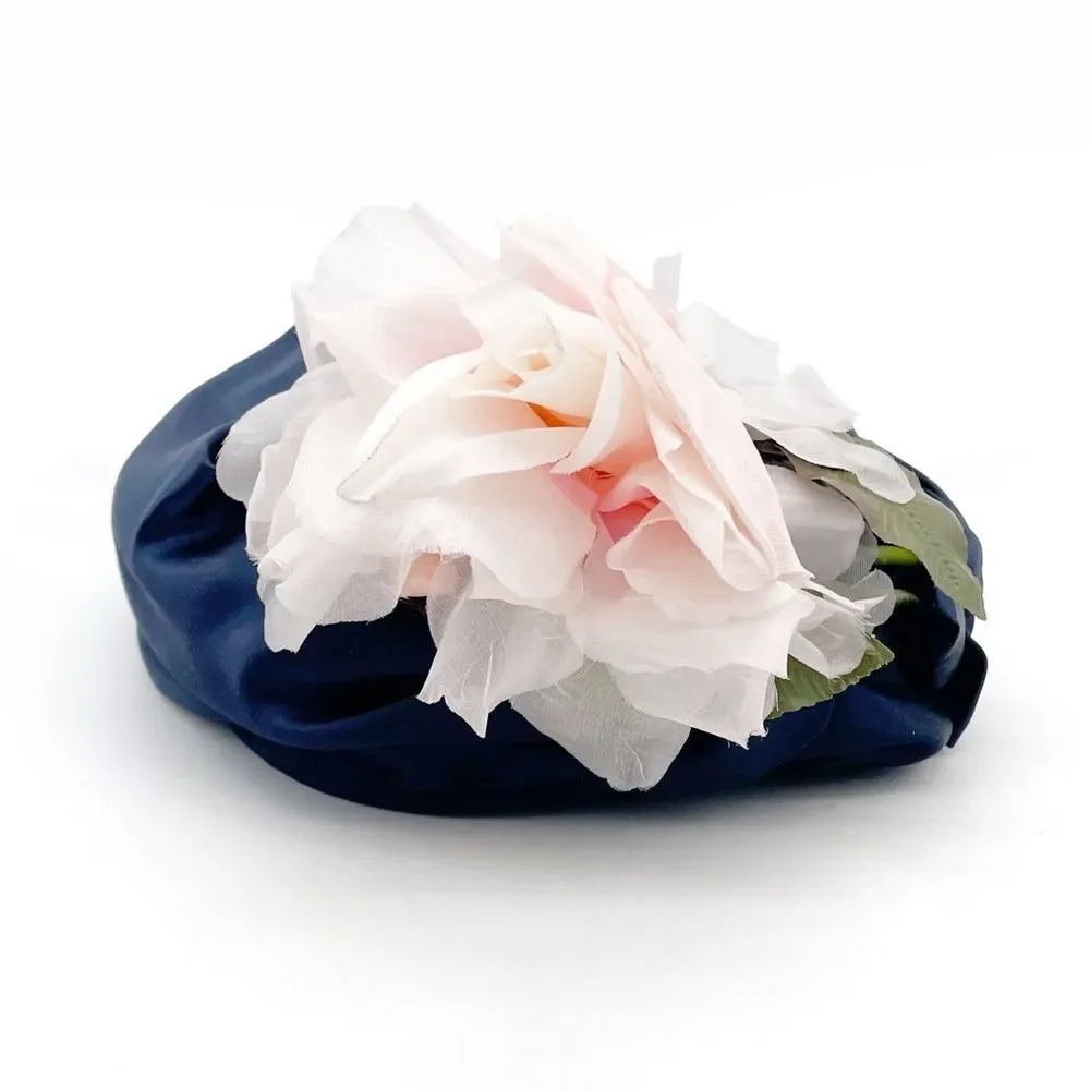 Vintage 1950s Navy Blue Hat Pink Flower Trim Size 22 1/2 Pillbox Fascinator - Picture 4 of 15
